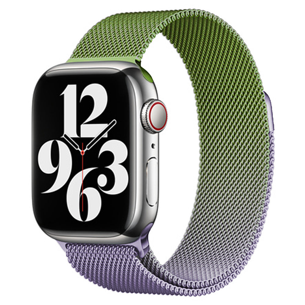 For Apple Watch Ultra / Ultra 2 49mm / 9 8 7 45mm / 6 5 4 SE (2022) SE (2023) SE 44mm / 3 2 1 42mm Milanese Mesh Watchband - Purple+Green For Apple Watch Ultra / Ultra 2 49mm / 9 8 7 45mm / 6 5 4 SE (2022) SE (2023) SE 44mm / 3 2 1 42mm Milanese Mesh Watchband - Purple+Green